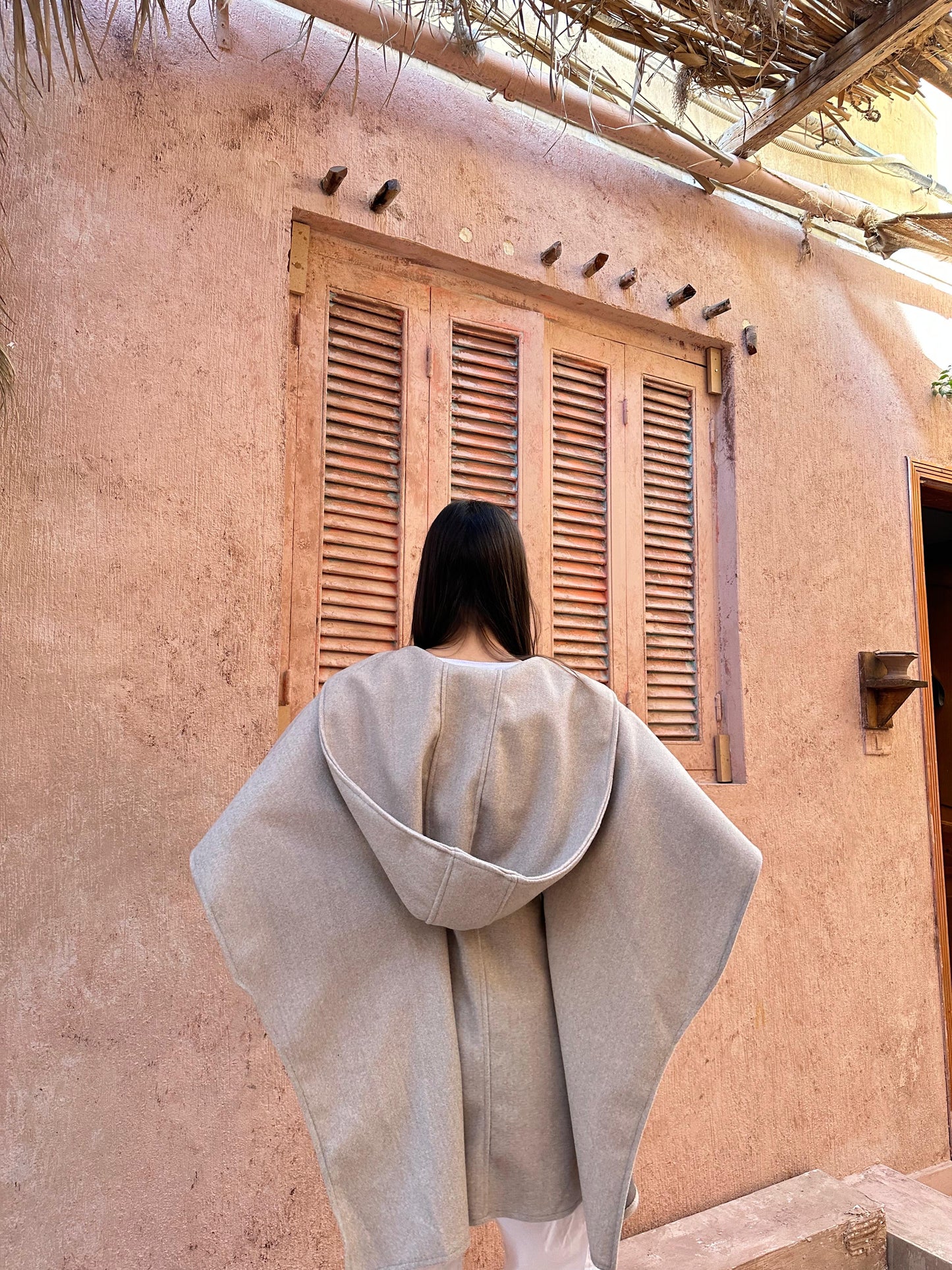 Statement Hooded Wool Poncho - Beige