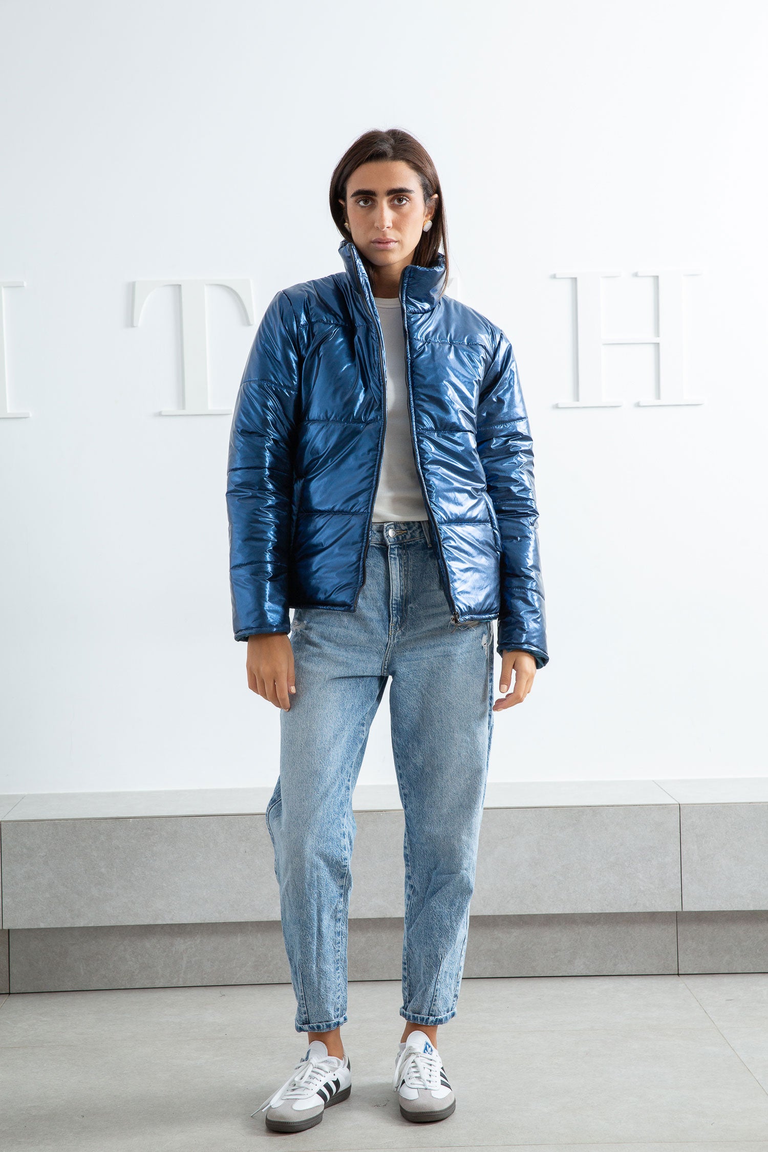 Metallic blue clearance puffer jacket