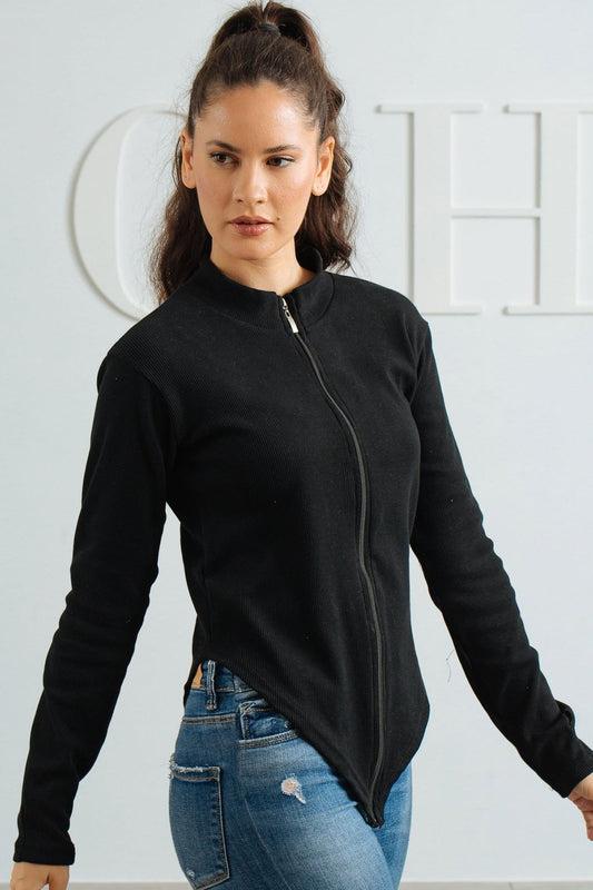 V Sweater With Zipper - Black