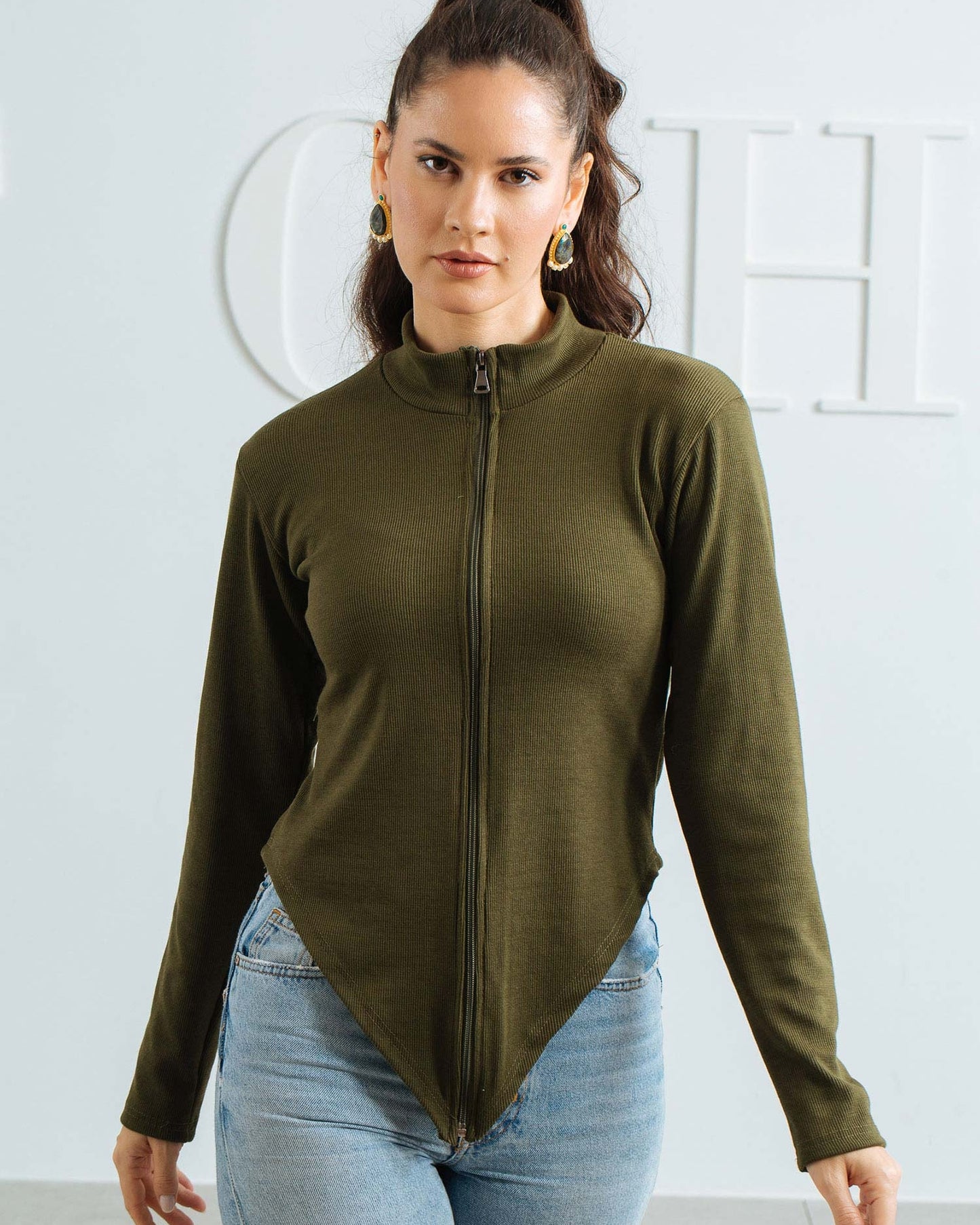 V Sweater With Zipper - Olive