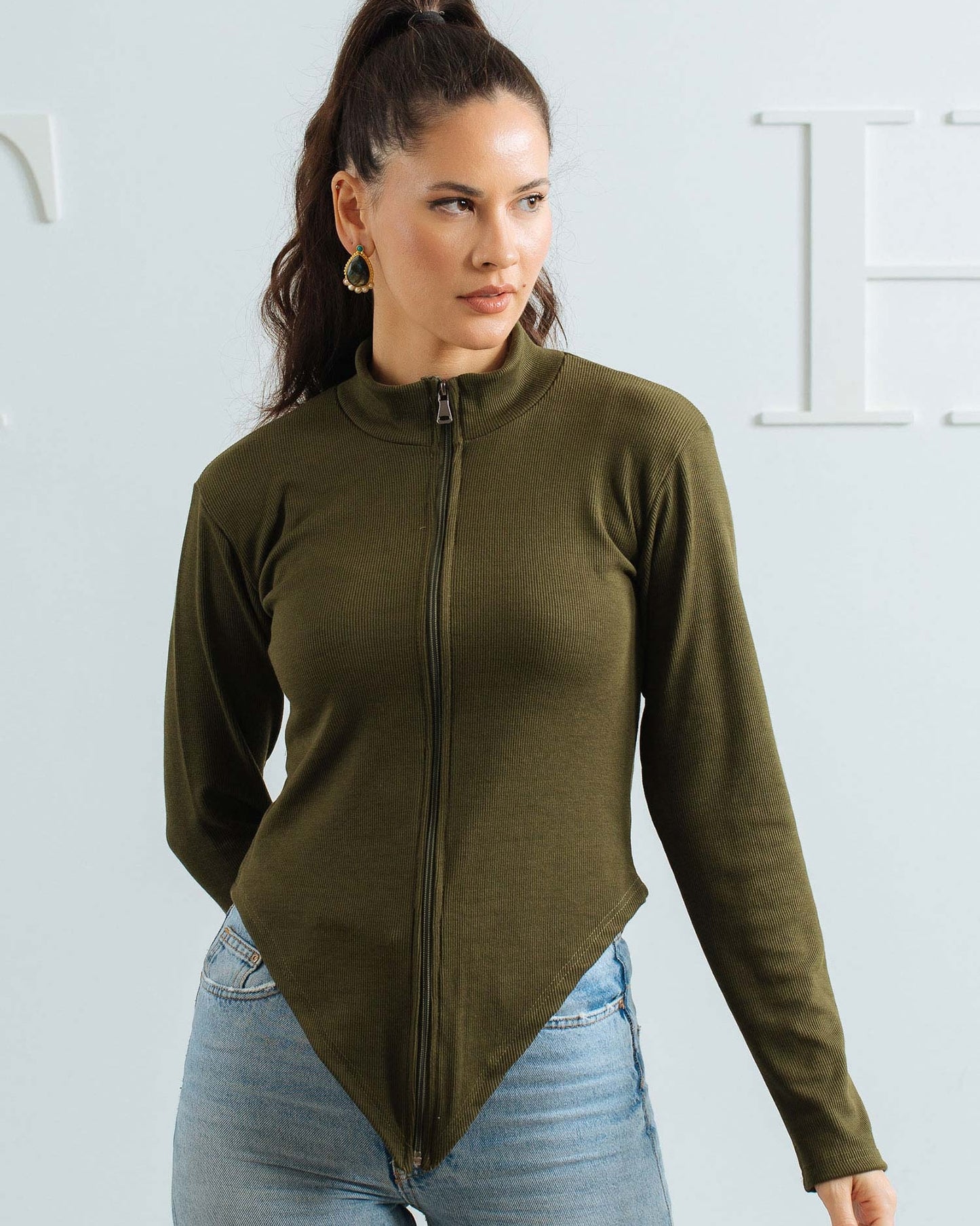 V Sweater With Zipper - Olive