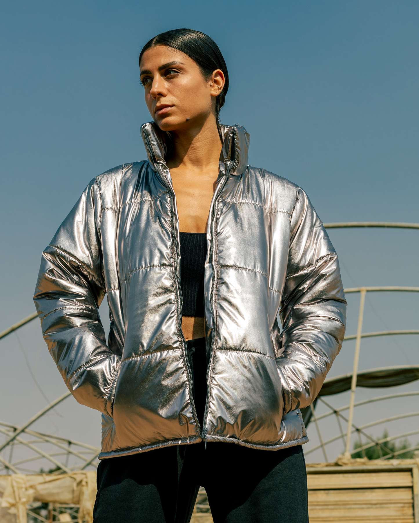 Metallic Puffer Jacket - Silver