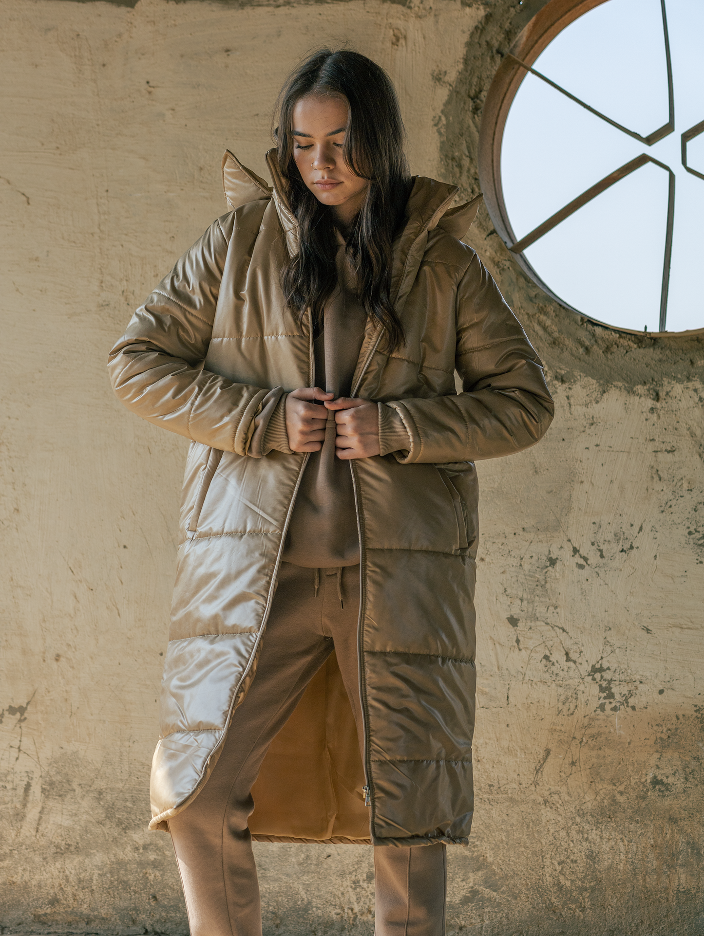 Waterproof Puffed Coat-Beige