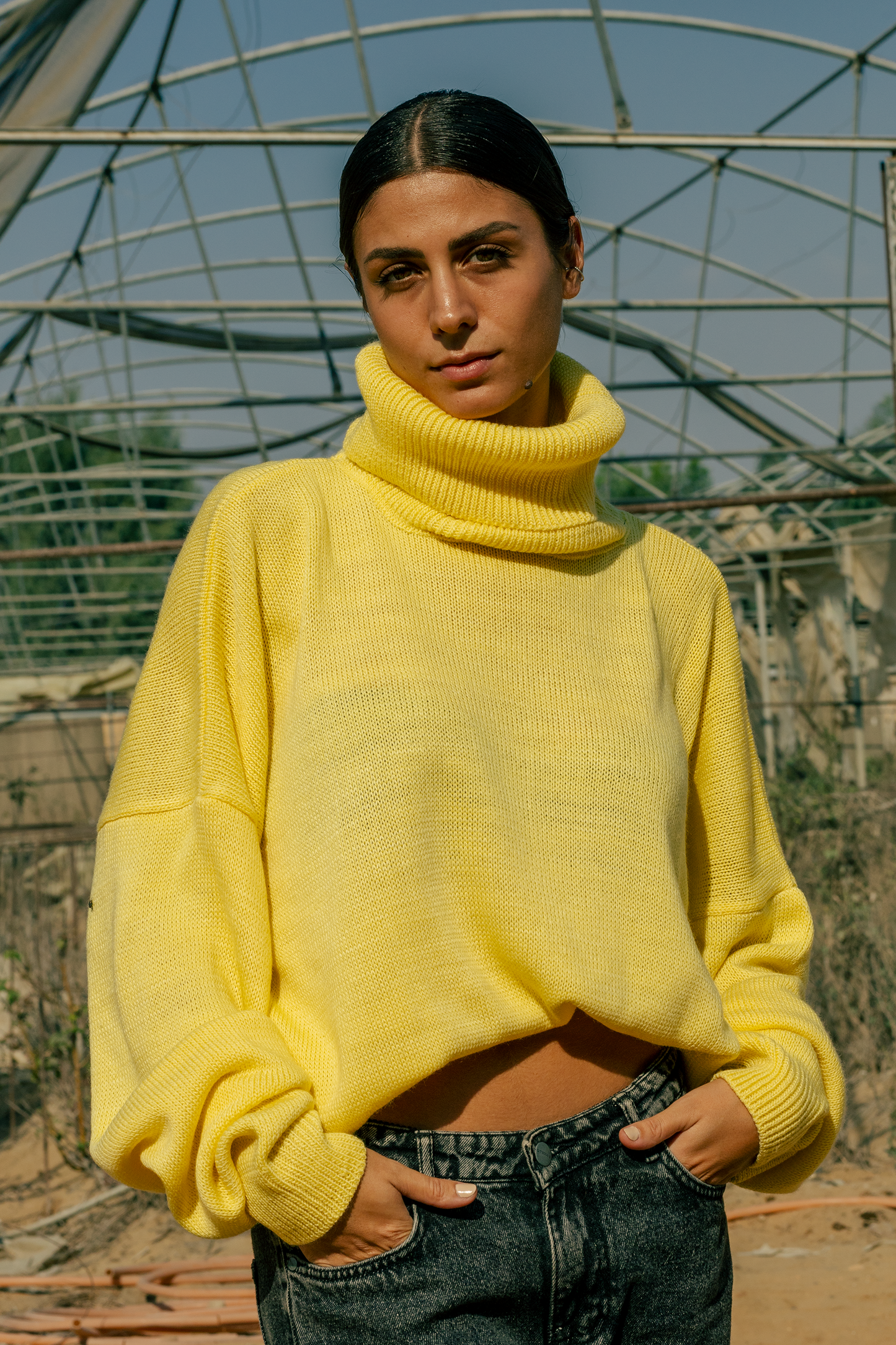 knitted High Neck Pullover - Yellow