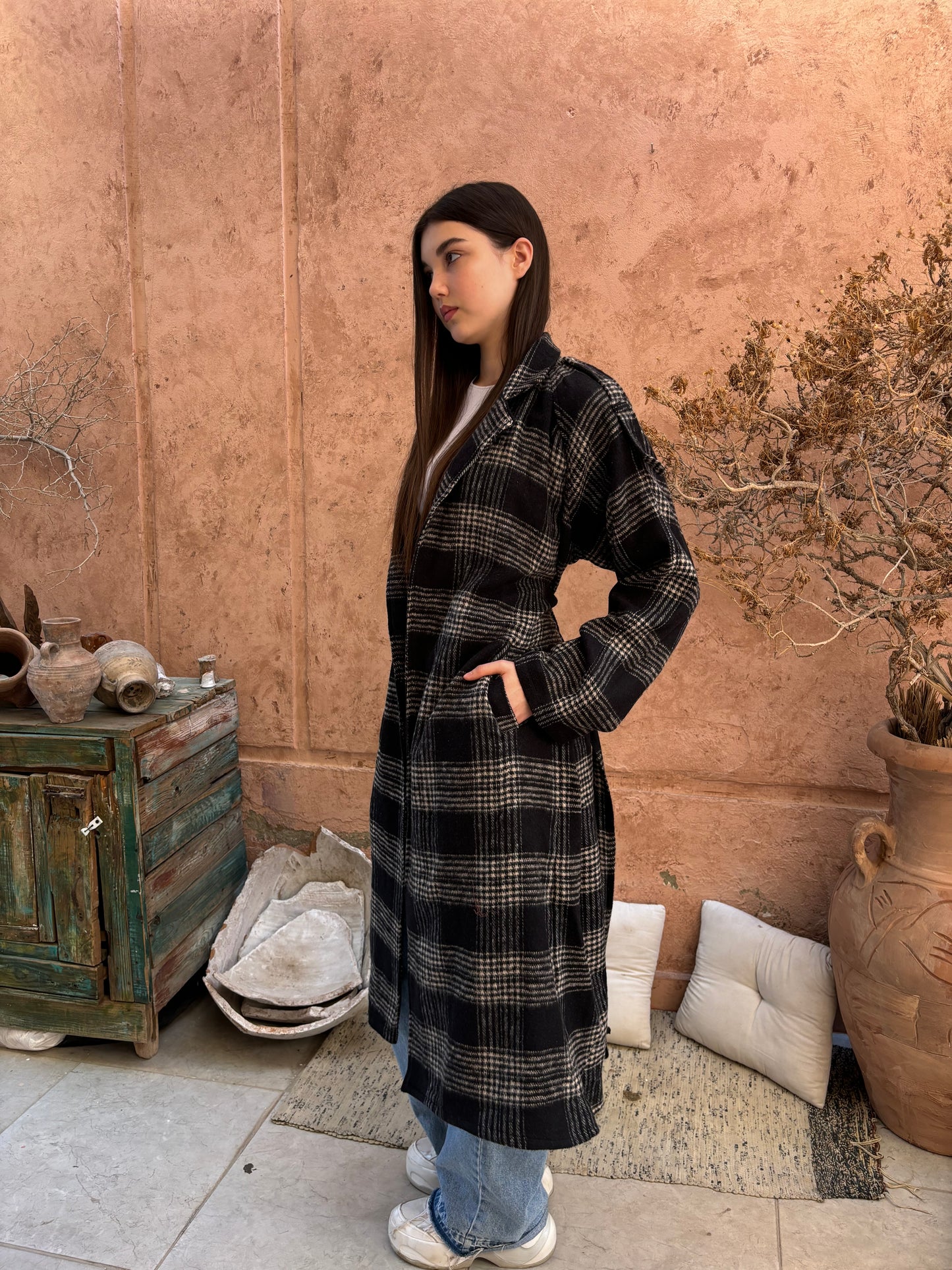 Wool Checked Belted Trench Coat - Black