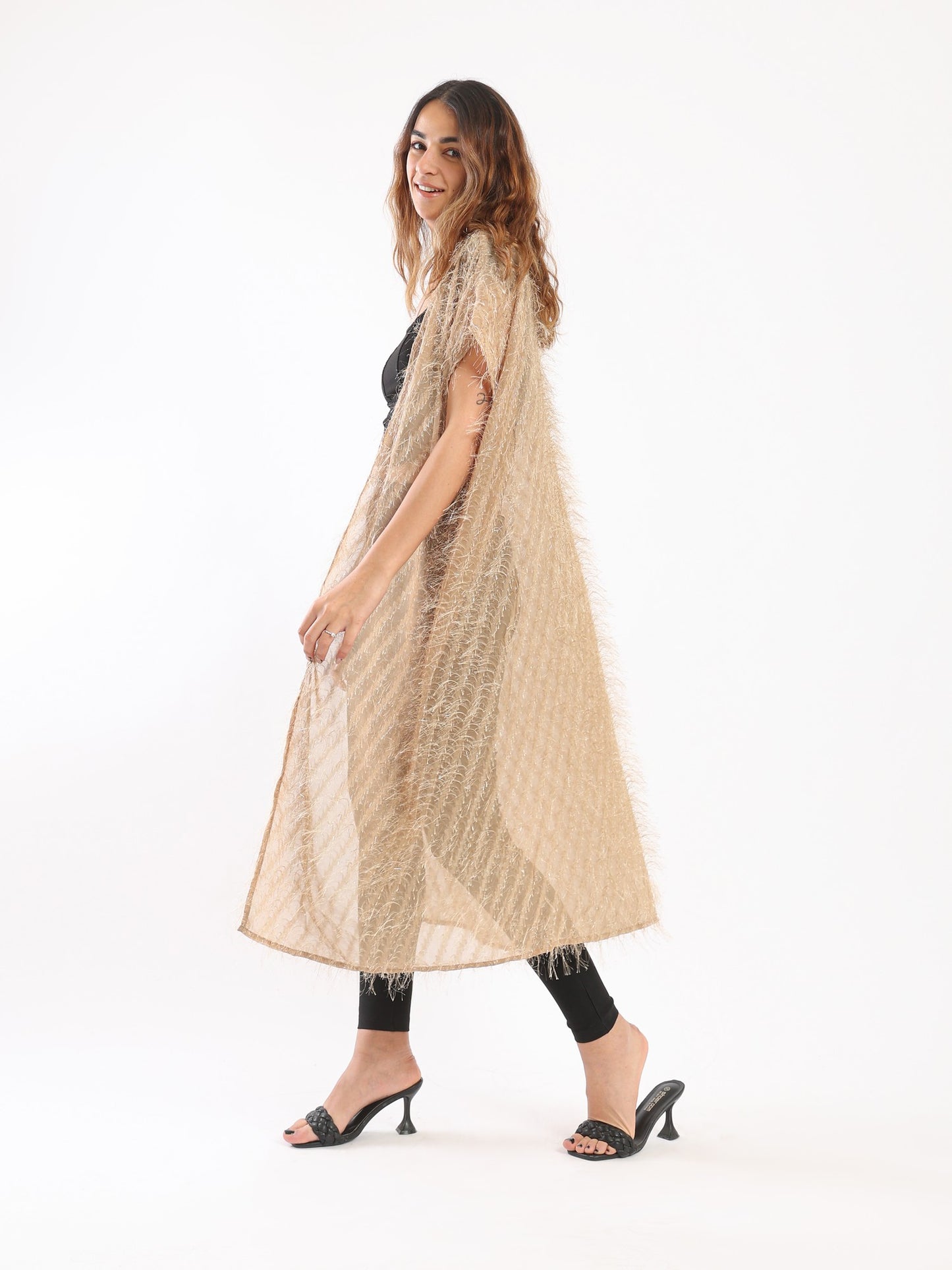 Shimmery Feather Kimono - Beige