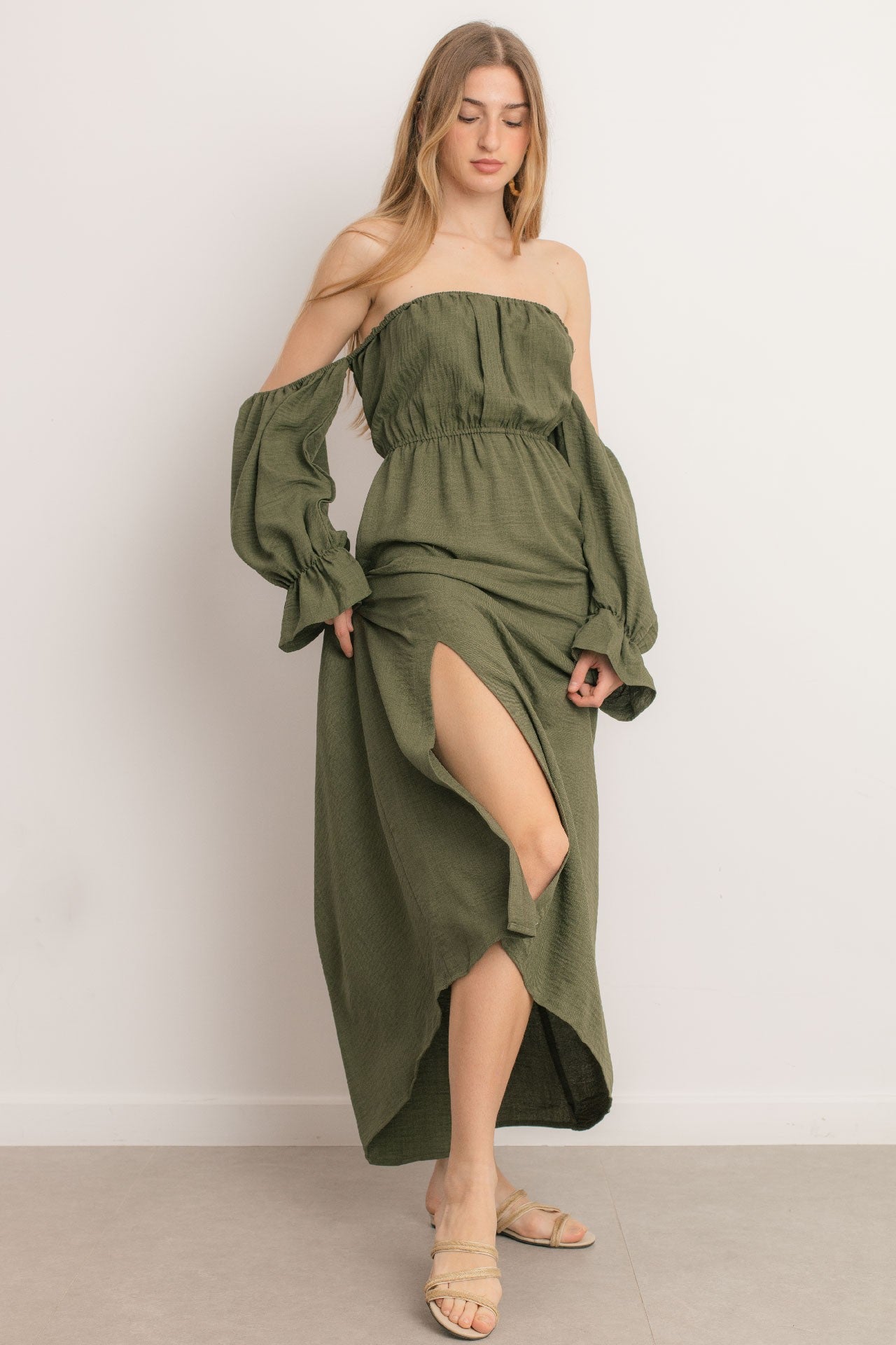 Dress -Long Length -Off Shoulder - Olive