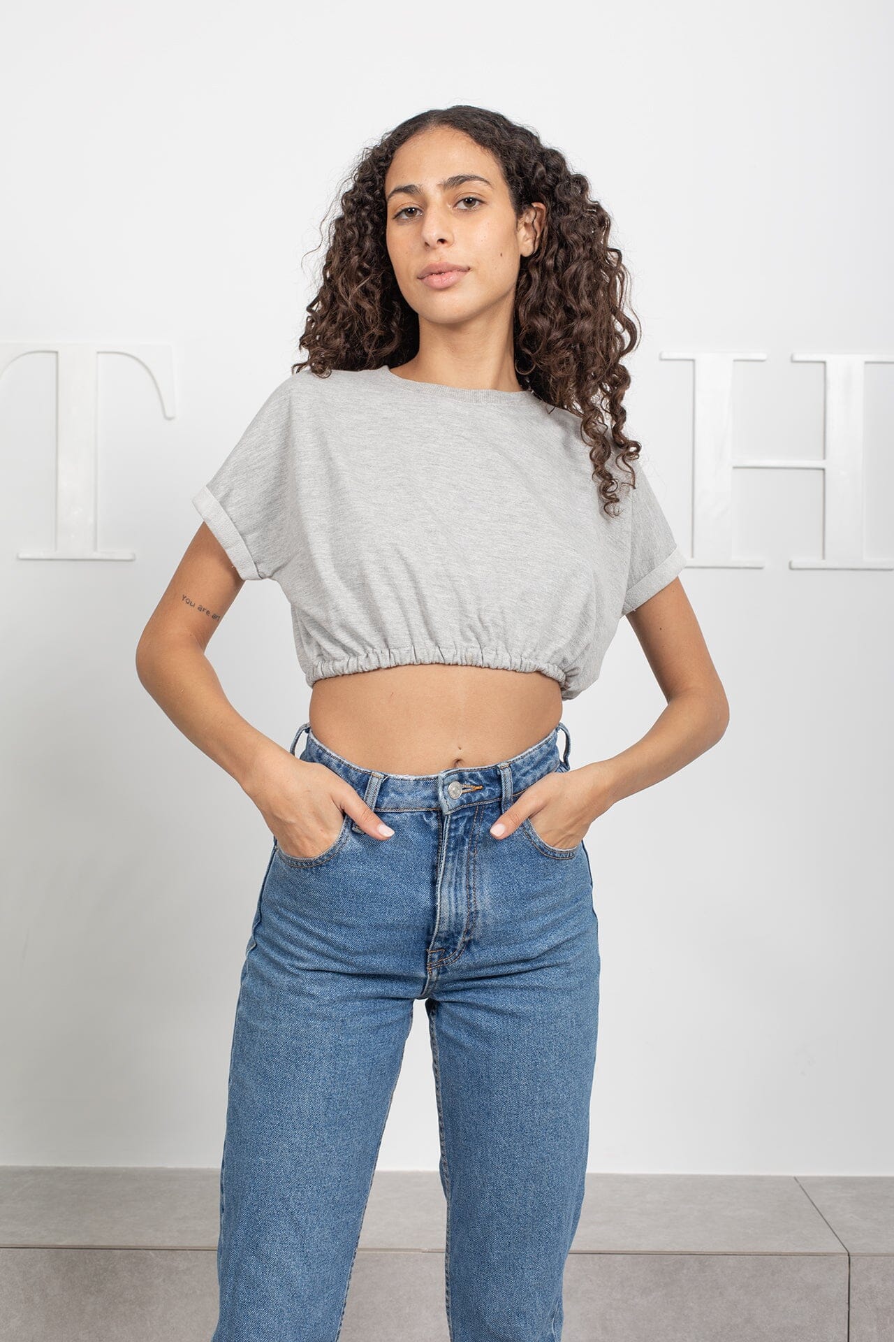 Crop Top With Elastic - Grey