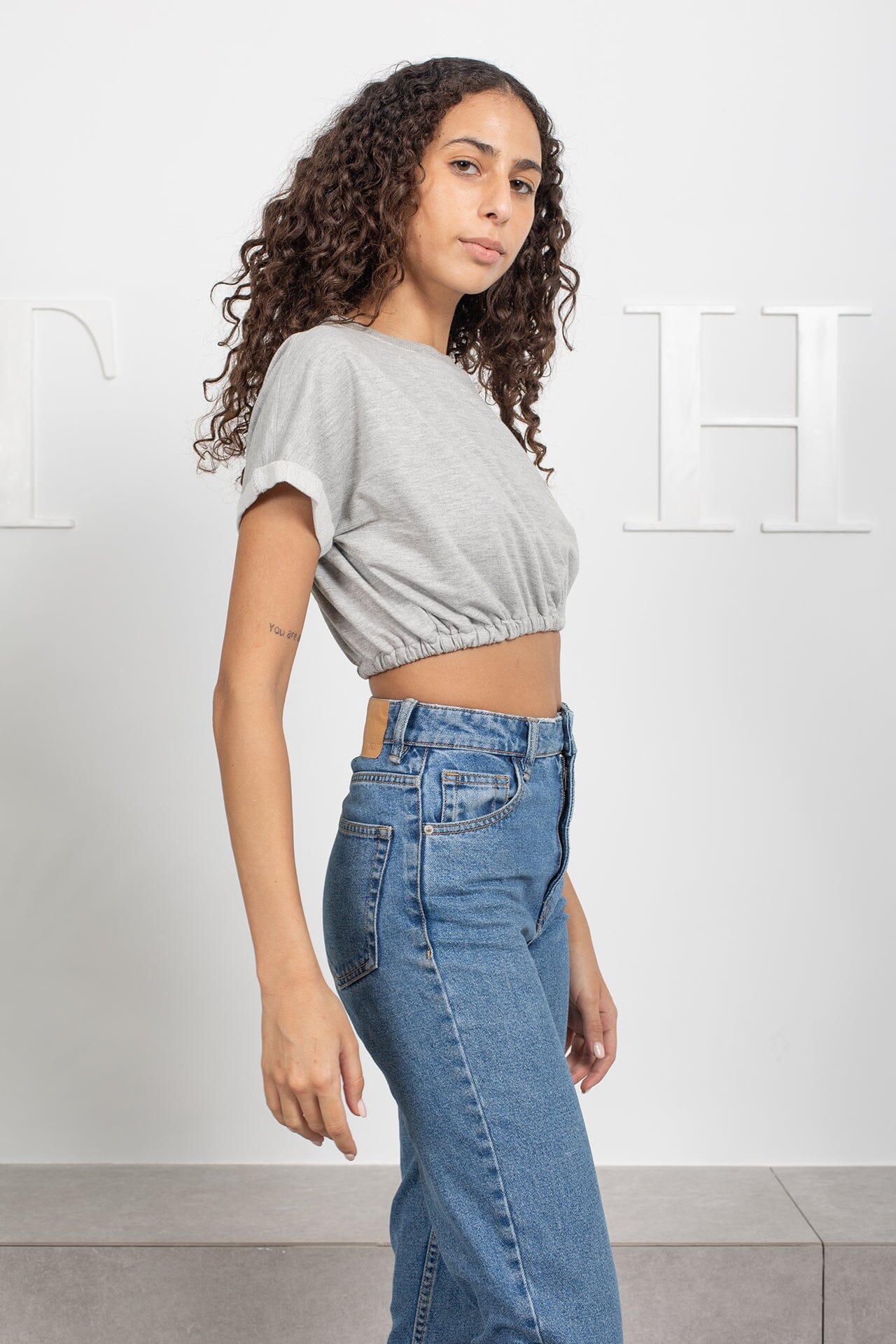 Crop Top With Elastic - Grey