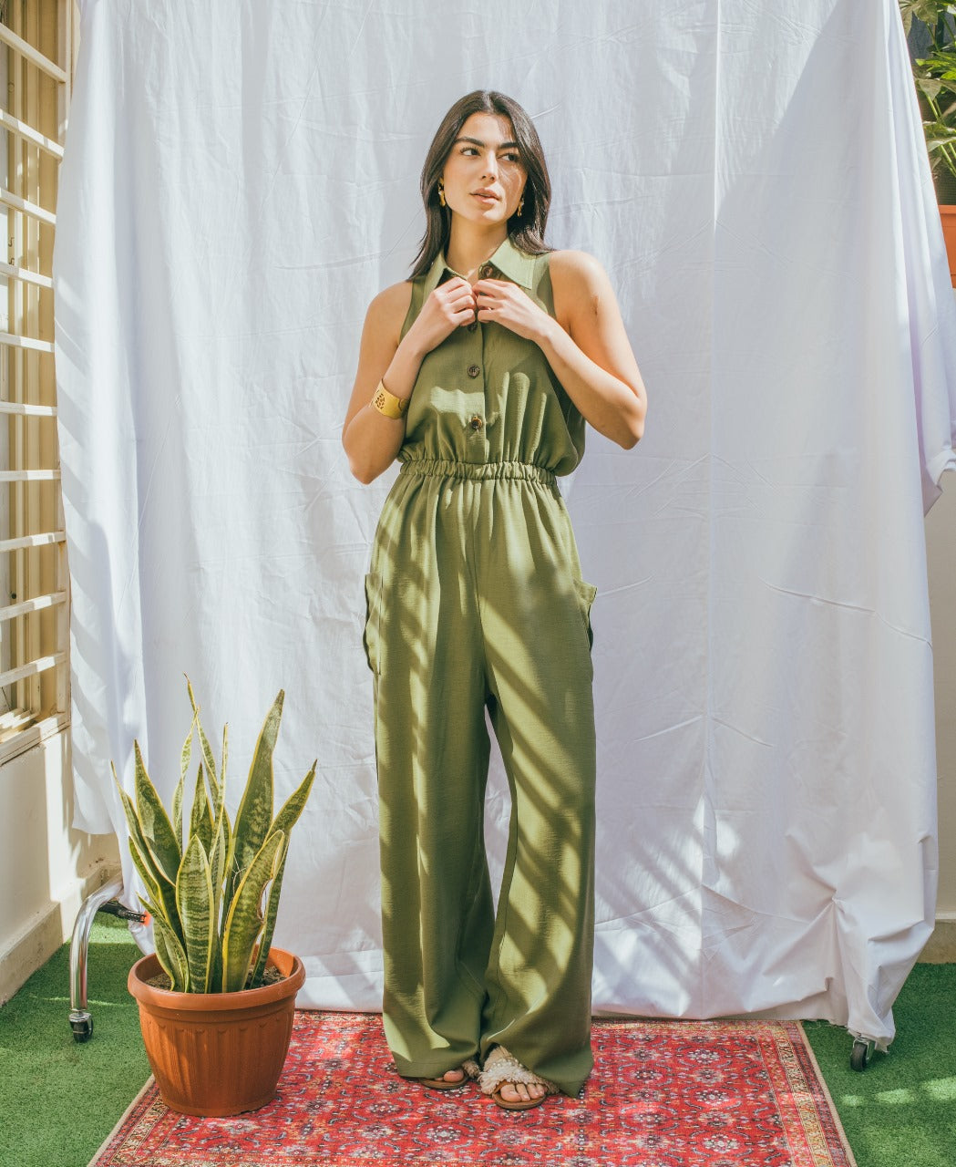 Sleeveless Elastic Waist Jumpsuit - Olive