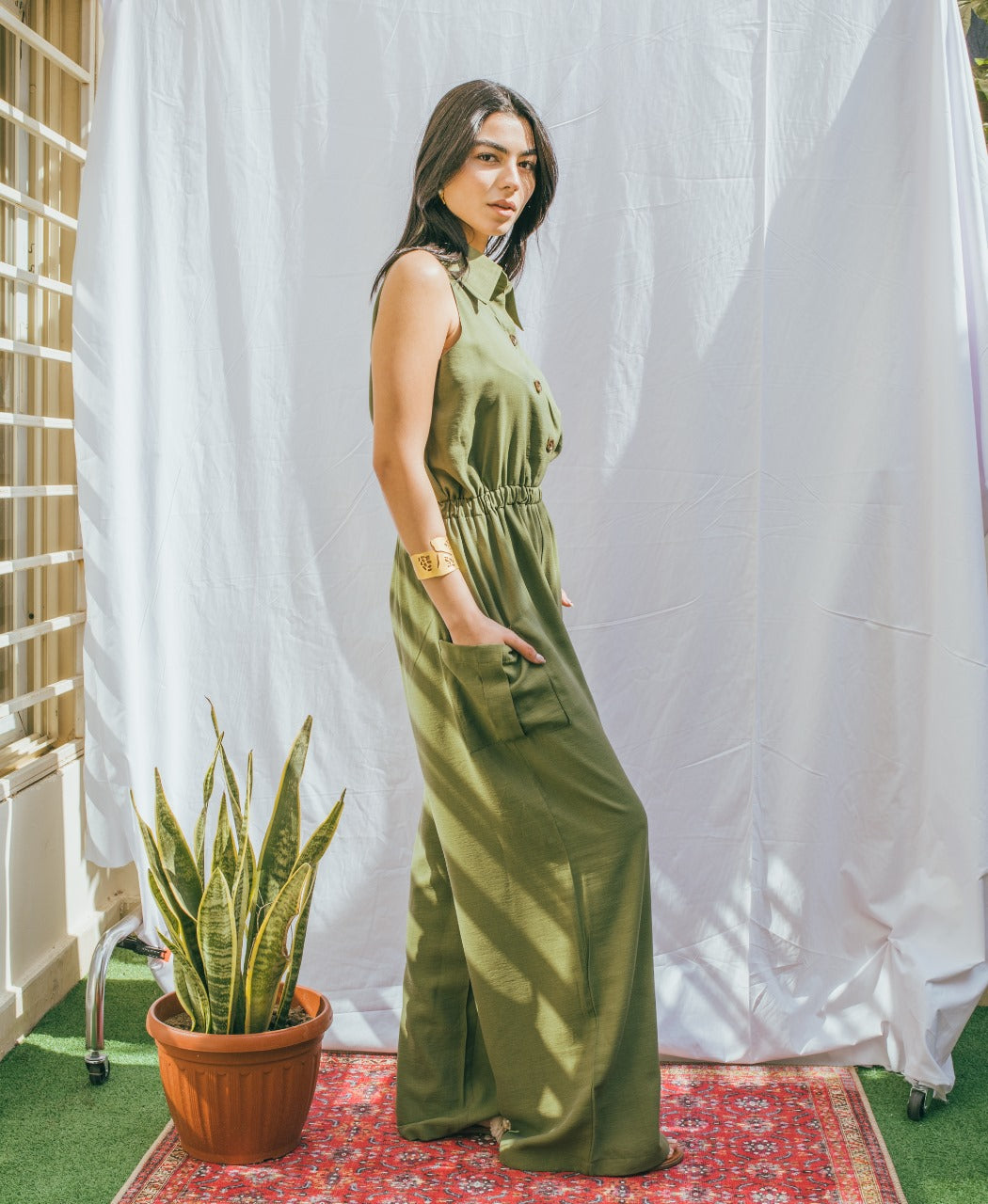 Sleeveless Elastic Waist Jumpsuit - Olive