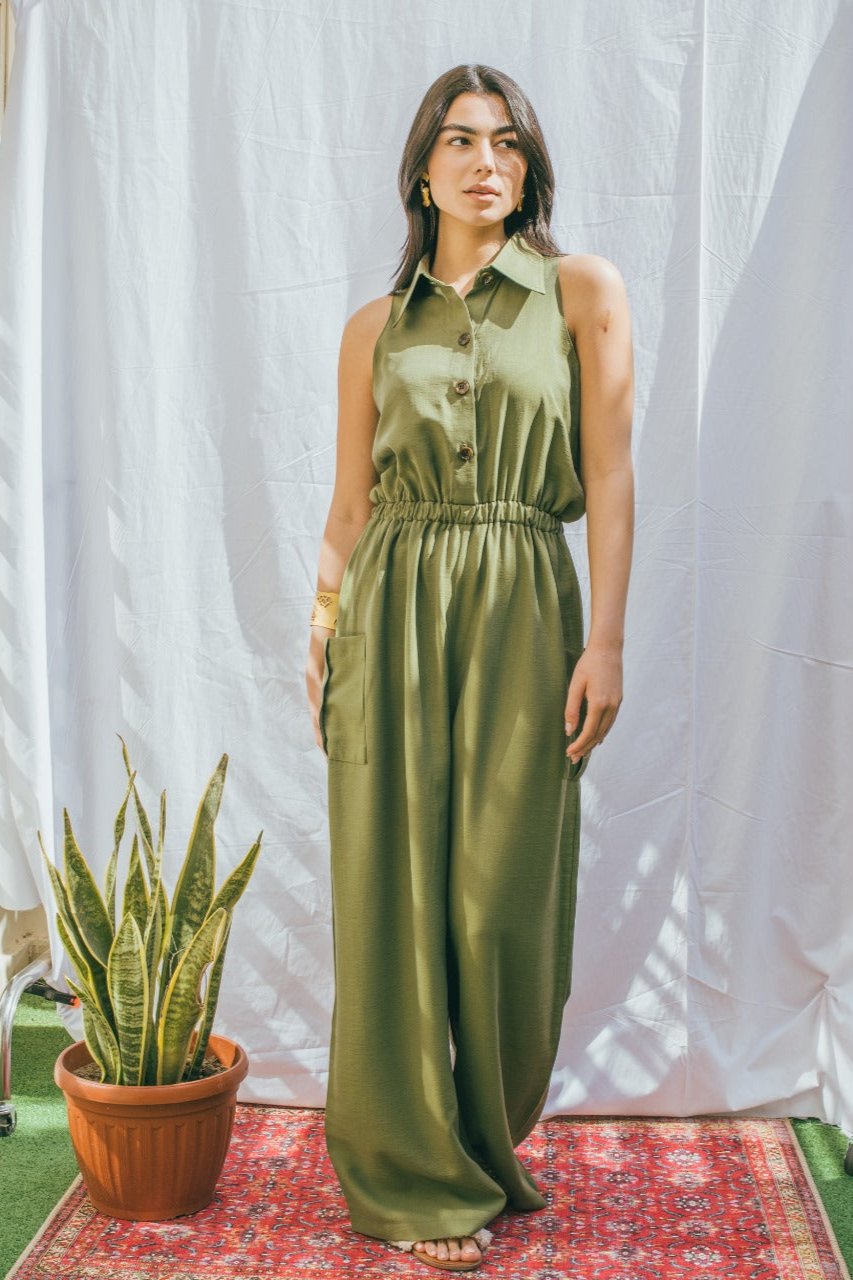 Sleeveless Elastic Waist Jumpsuit - Olive