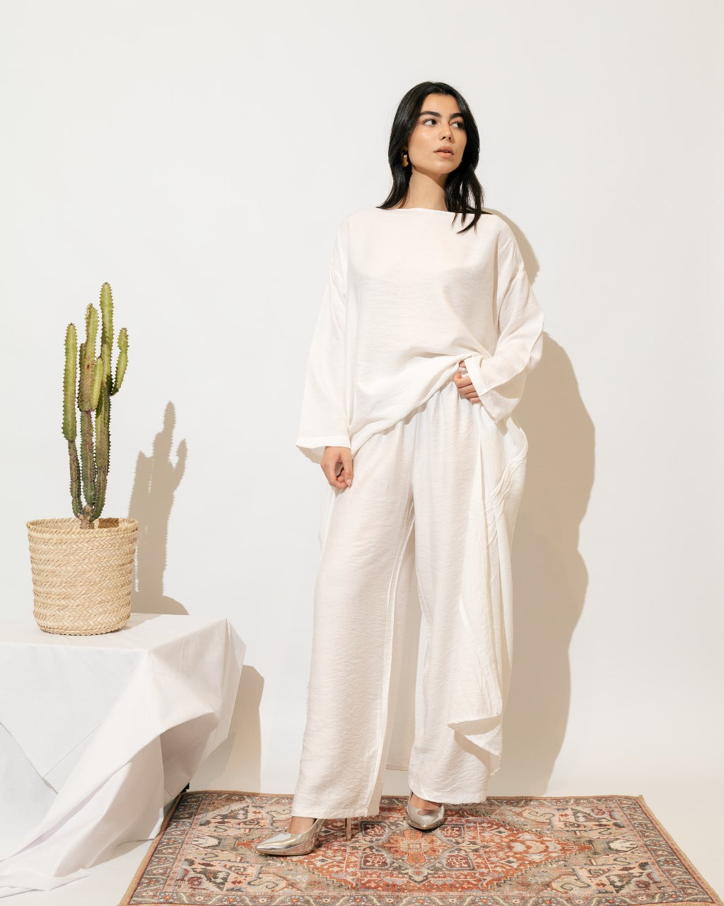 Cold-Shoulder Linen Set - White