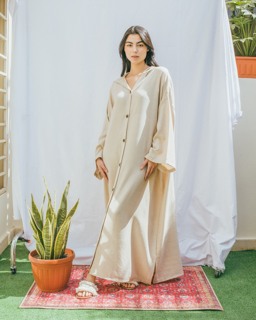 Moroccan Long Linen Shirt - Beige