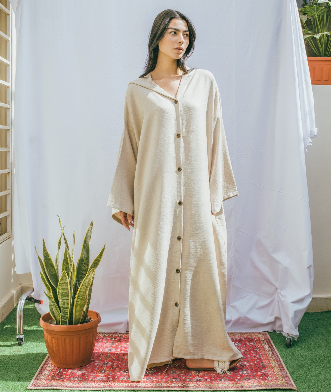 Moroccan Long Linen Shirt - Beige