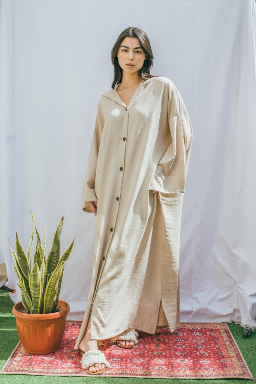 Moroccan Long Linen Shirt - Beige