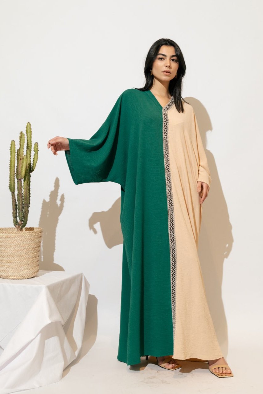 Bi-Tone Abaya - Beige & Green