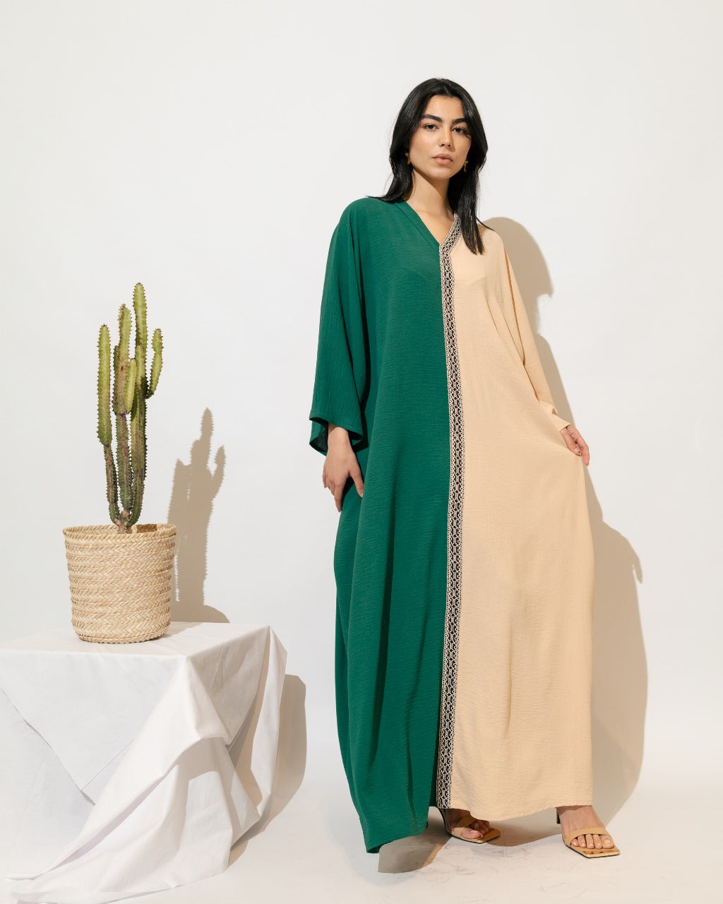 Bi-Tone Abaya - Beige & Green