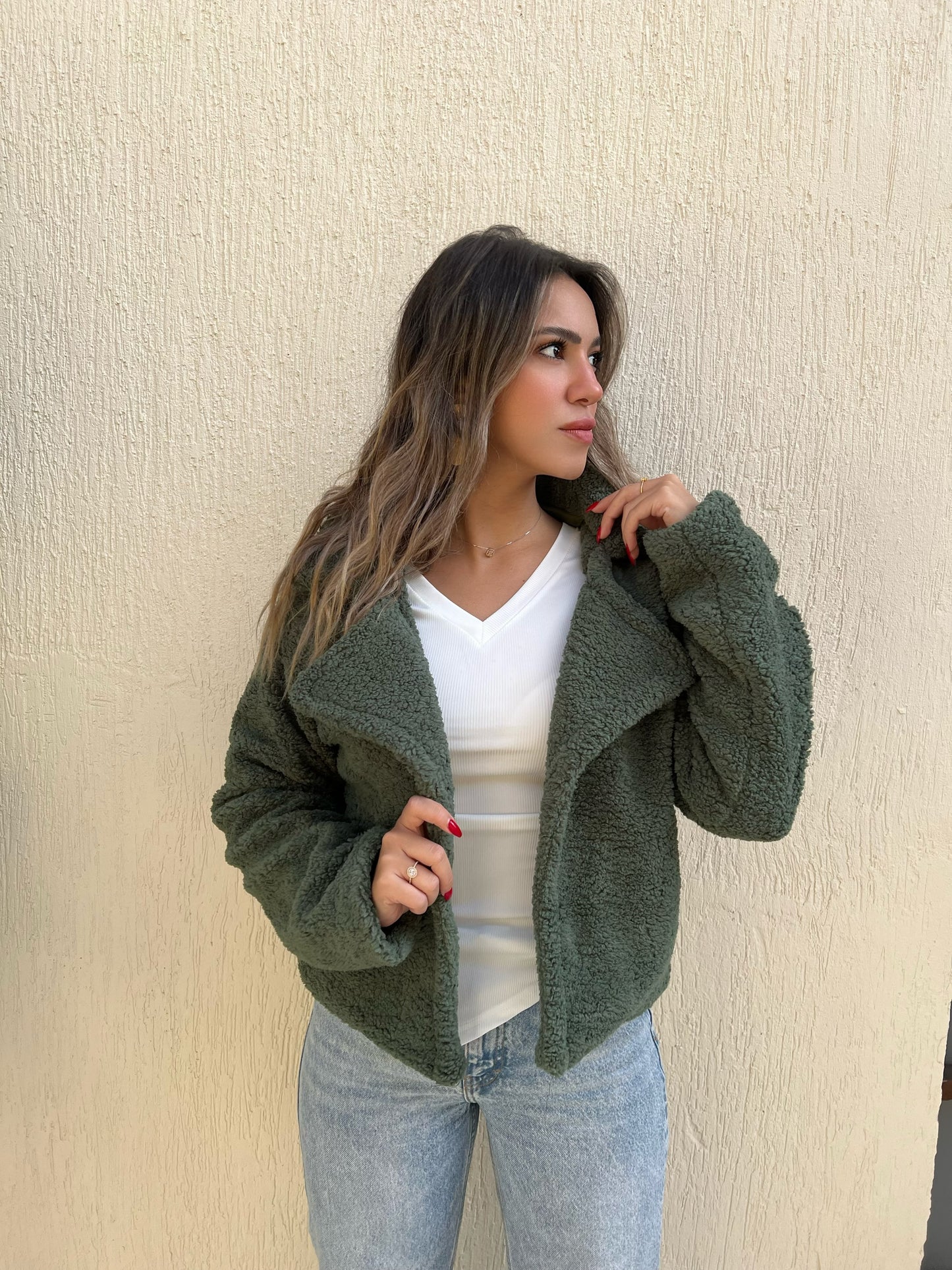 Cropped Teddy Bear Jacket - Olive