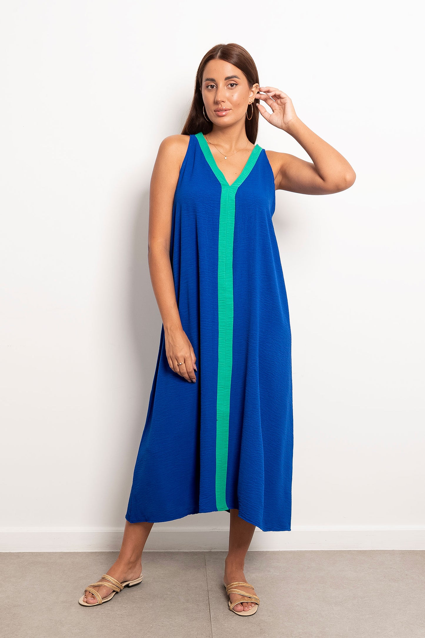 Tow Tone V-Neck Slip Maxi Dress - Blue