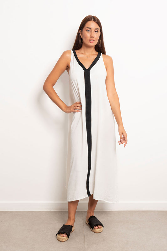 Tow Tone V-Neck Slip Maxi Dress - White