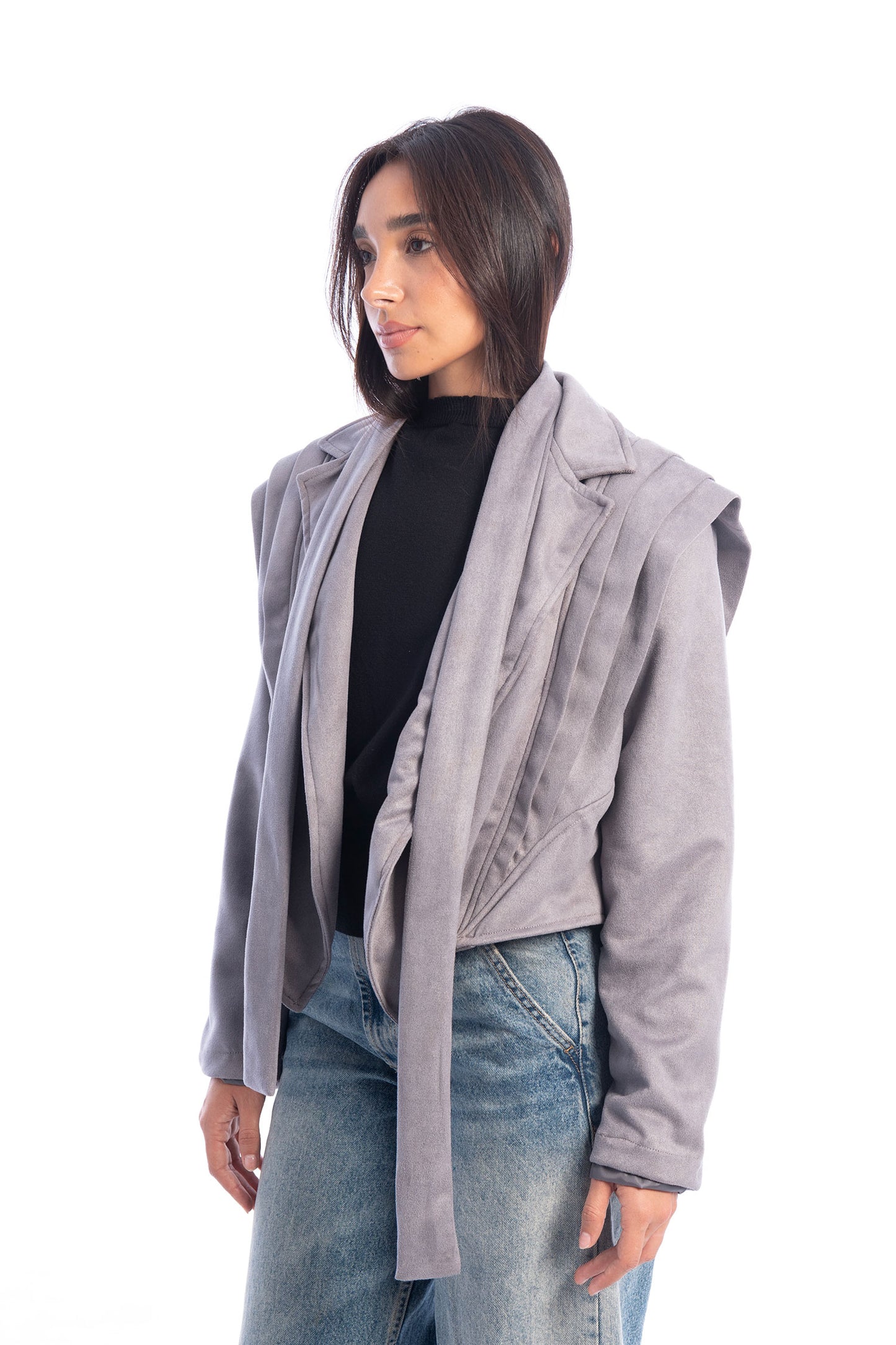 Diva Suede Belted Jacket - Grey