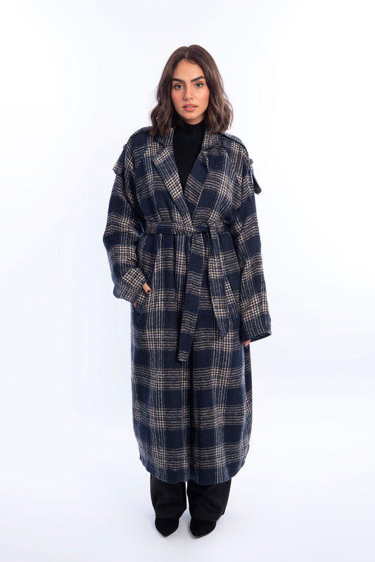 Wool Checked Belted Trench Coat - Navy