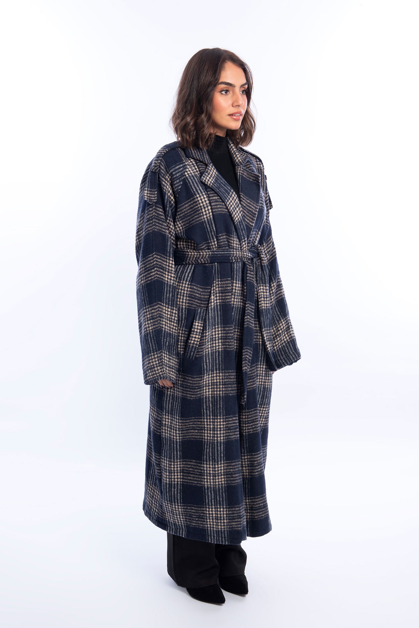 Wool Checked Belted Trench Coat - Navy