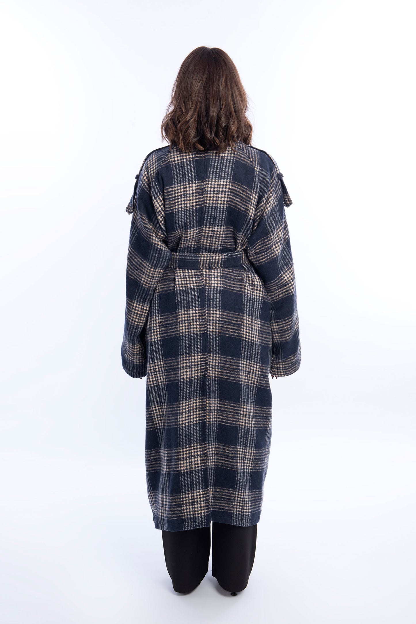 Wool Checked Belted Trench Coat - Navy