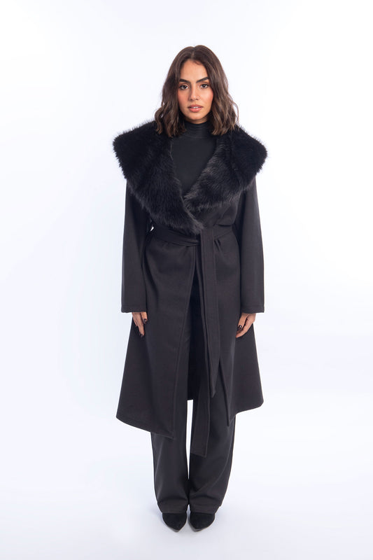 GlamFur Wool Coat - Black