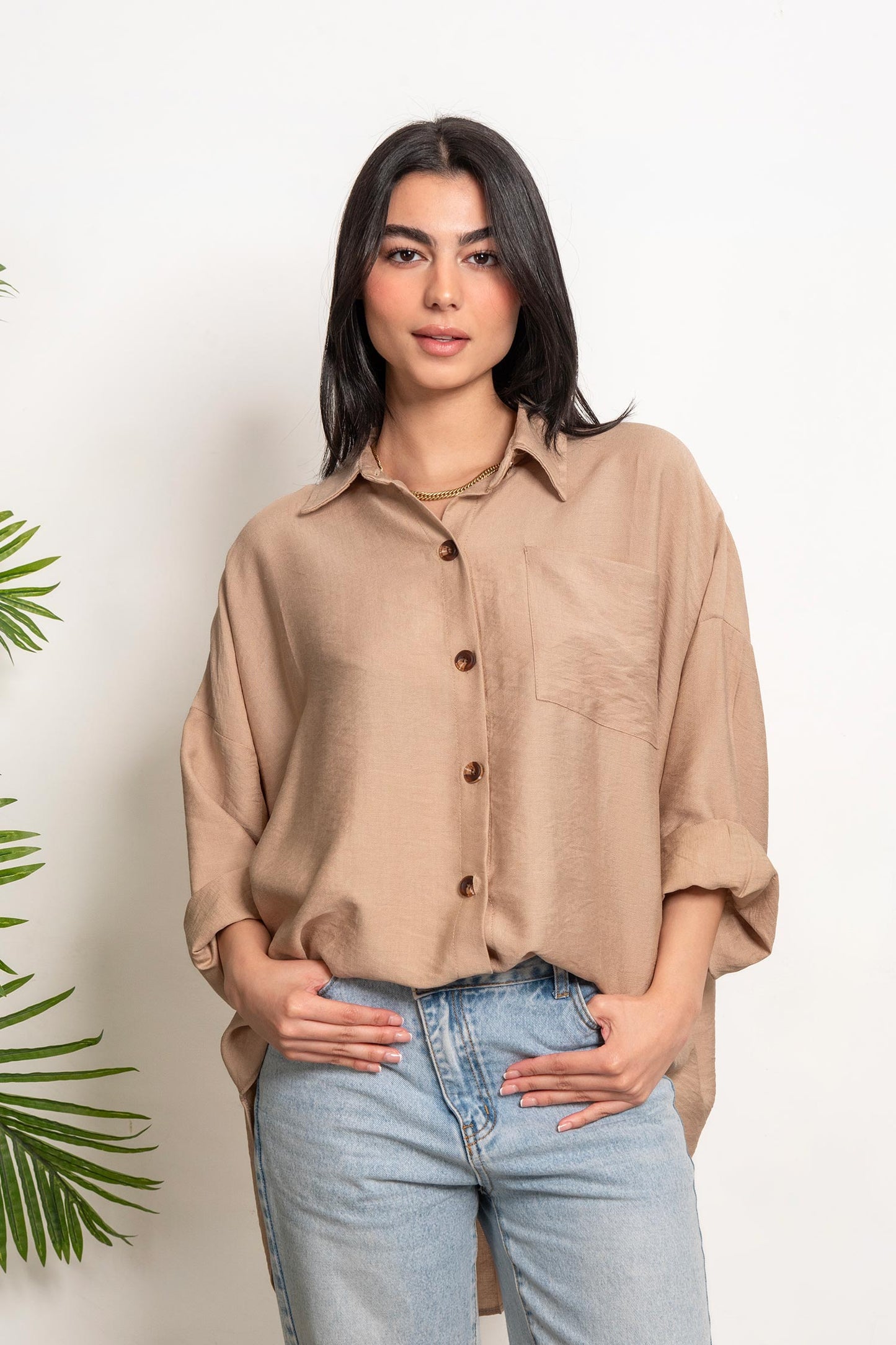 Oversized Boyfriend Linen Shirt - Beige