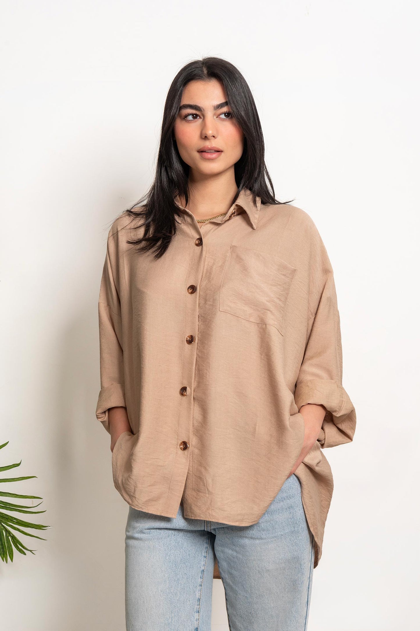 Oversized Boyfriend Linen Shirt - Beige