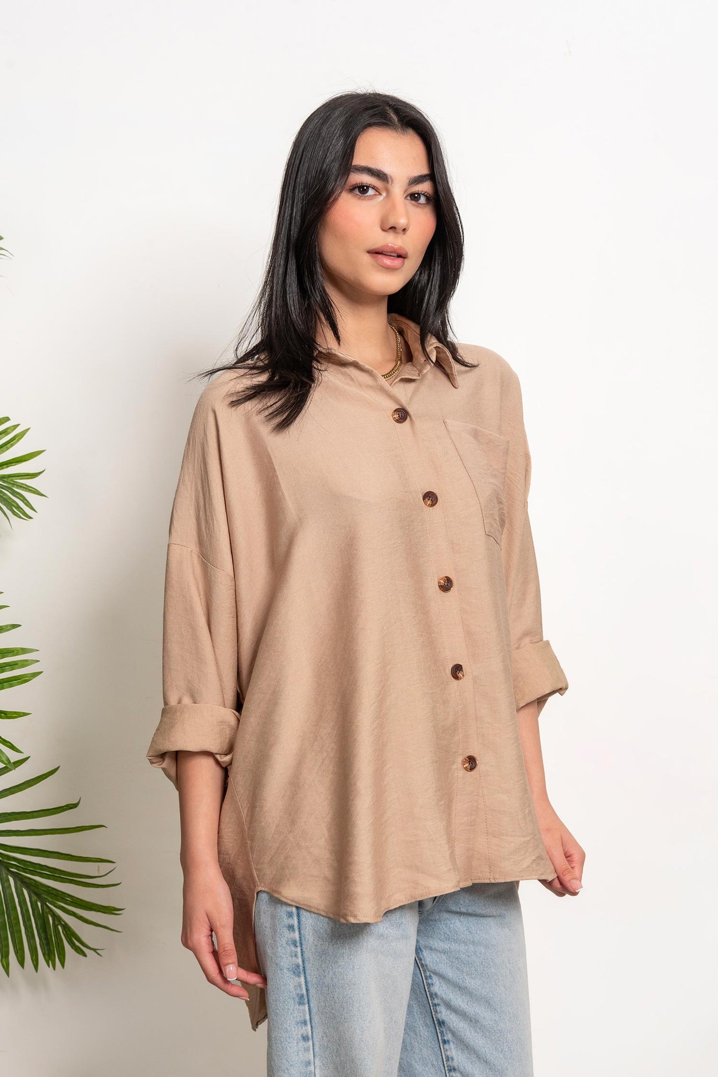 Oversized Boyfriend Linen Shirt - Beige