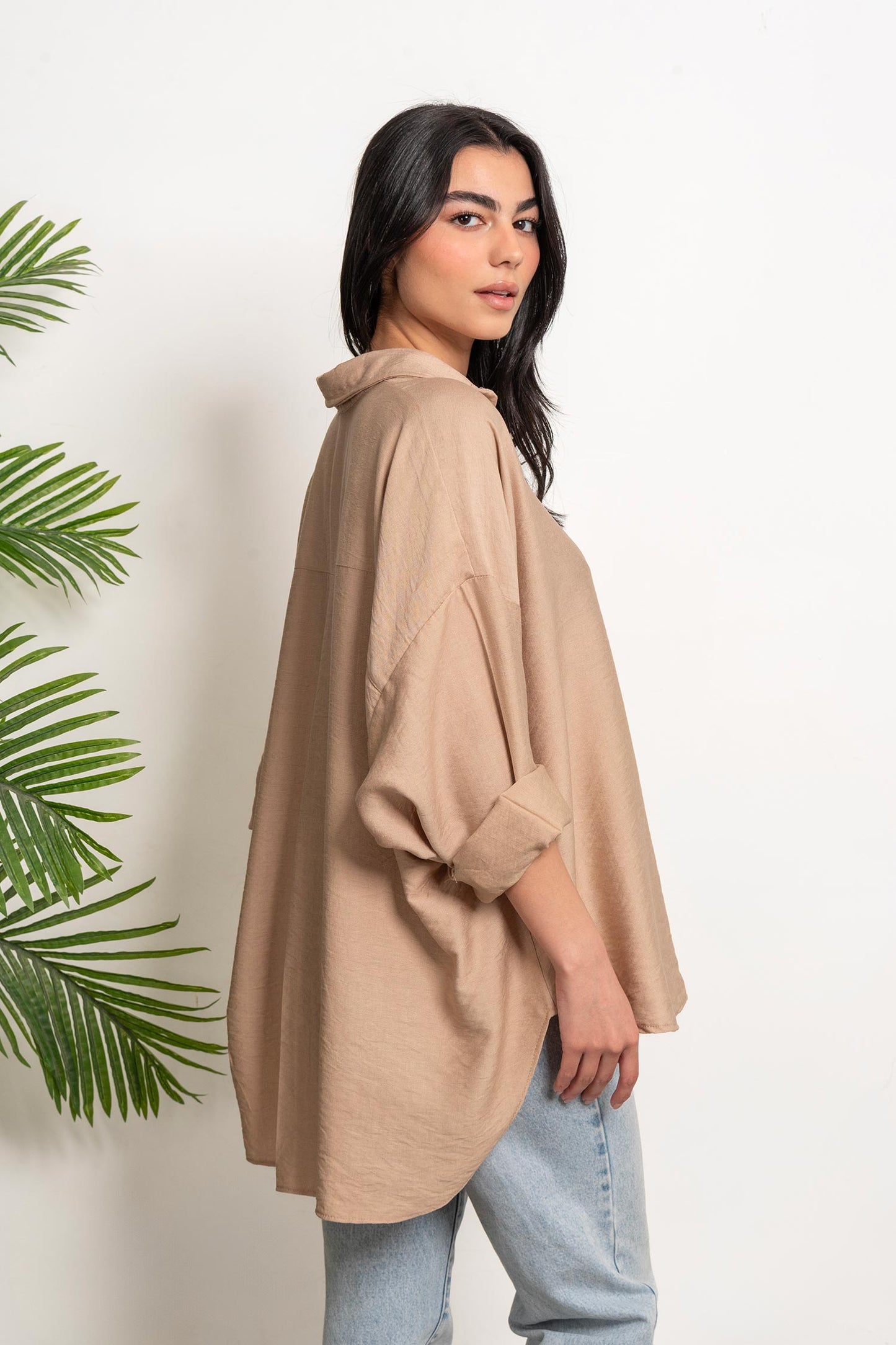 Oversized Boyfriend Linen Shirt - Beige