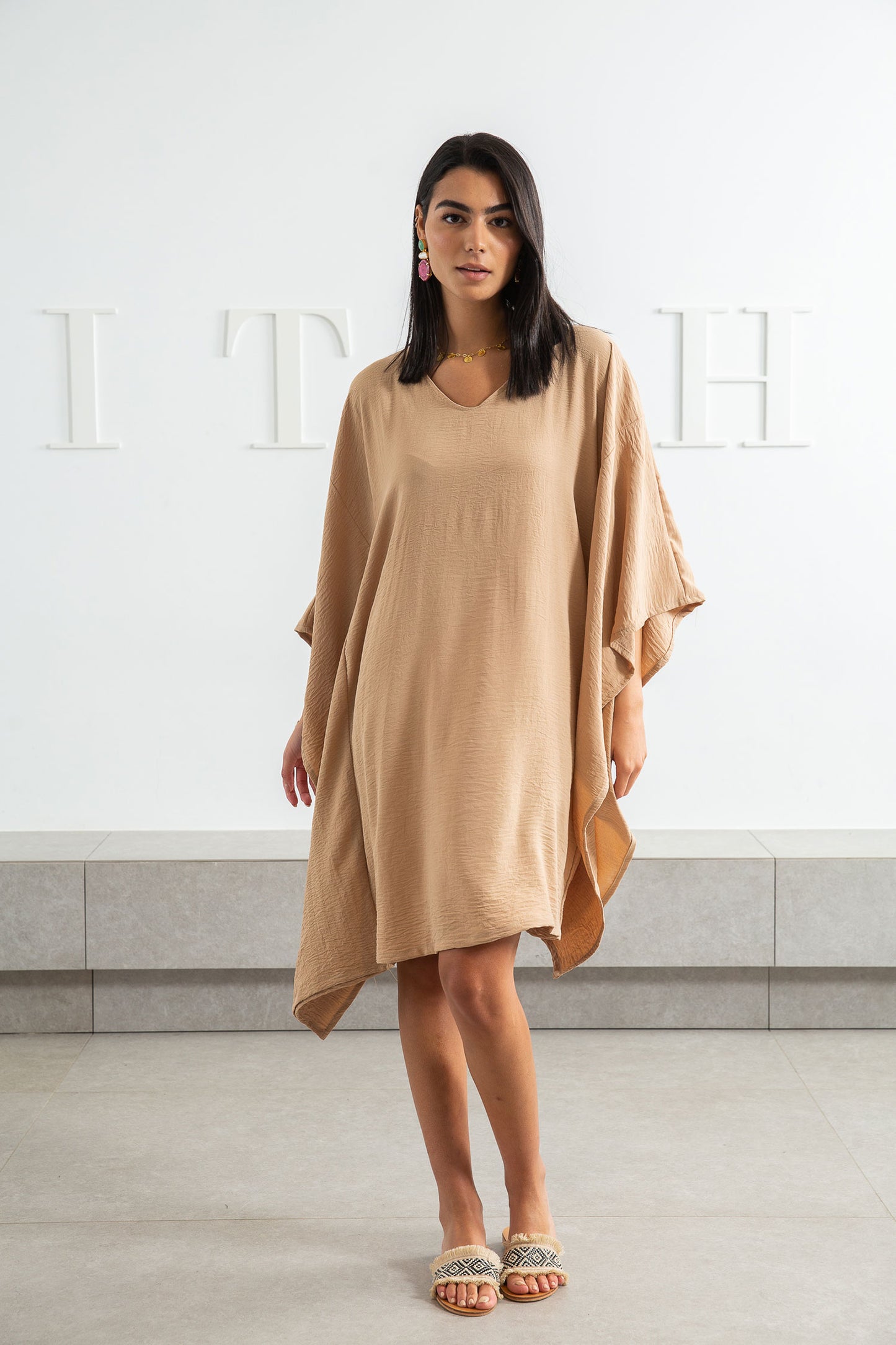 V Neck Everyday Dress - Beige