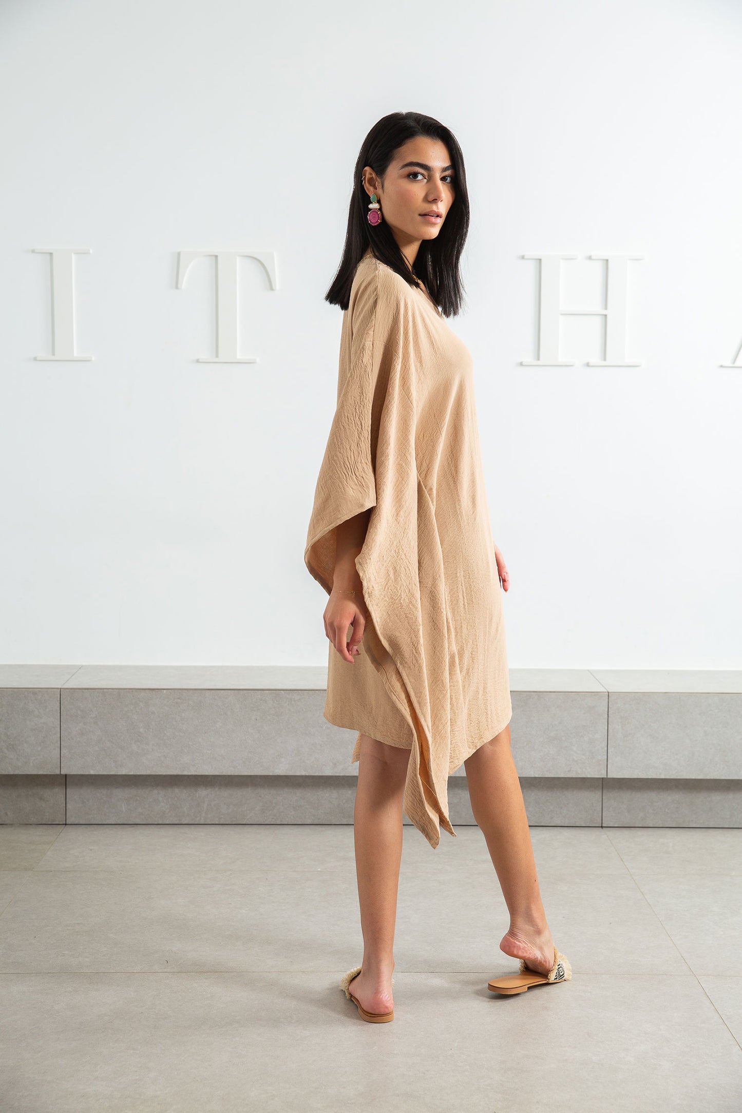 V Neck Everyday Dress - Beige