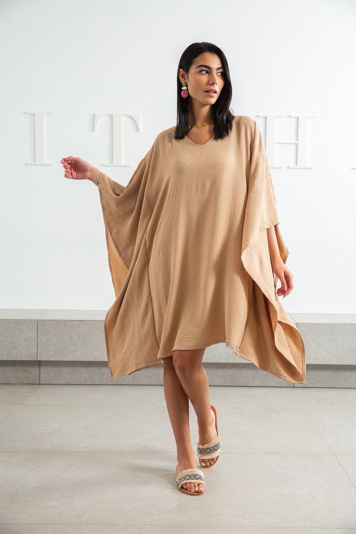 V Neck Everyday Dress - Beige