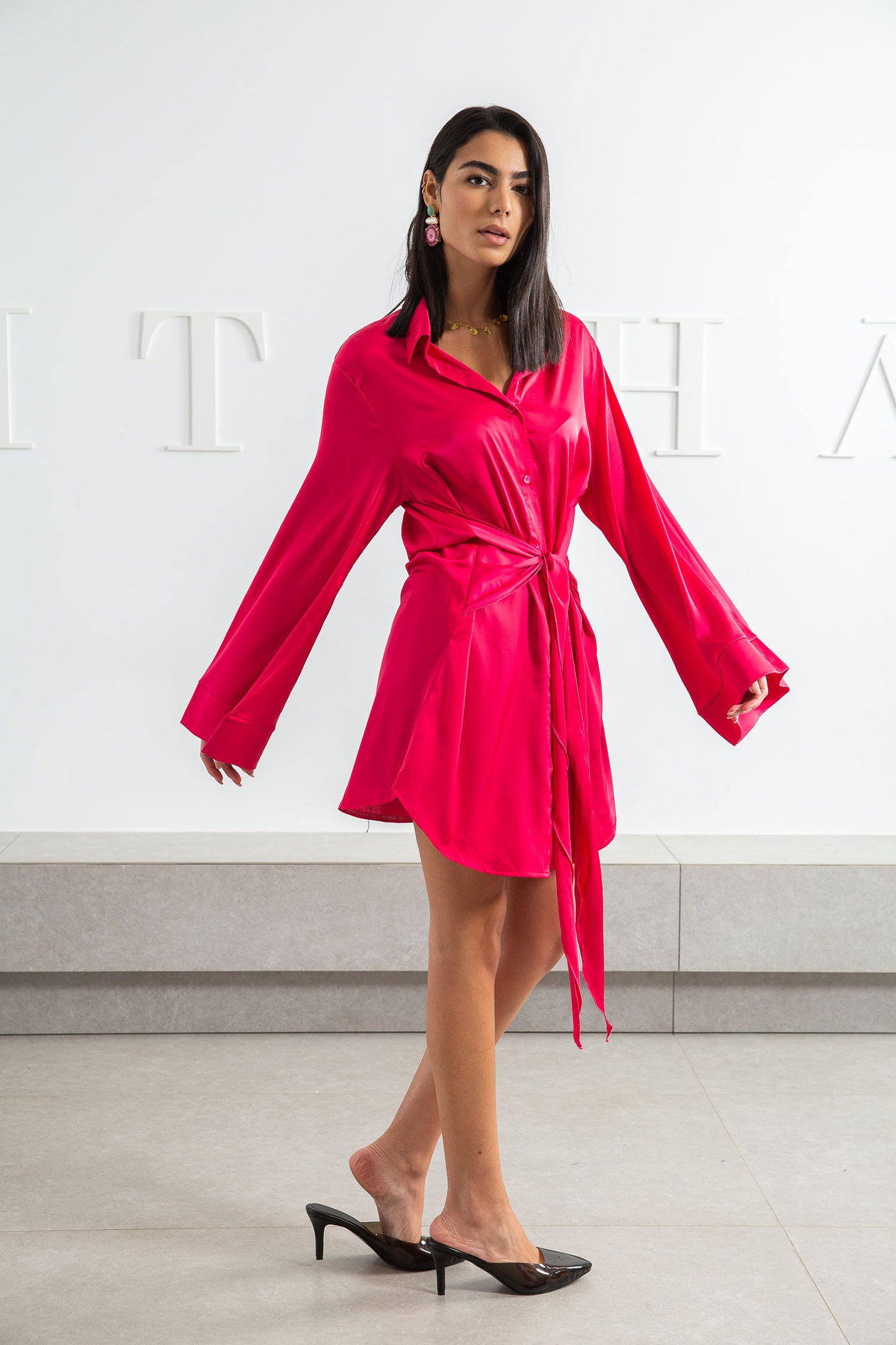 Belted Satin Dress - Fuchsia