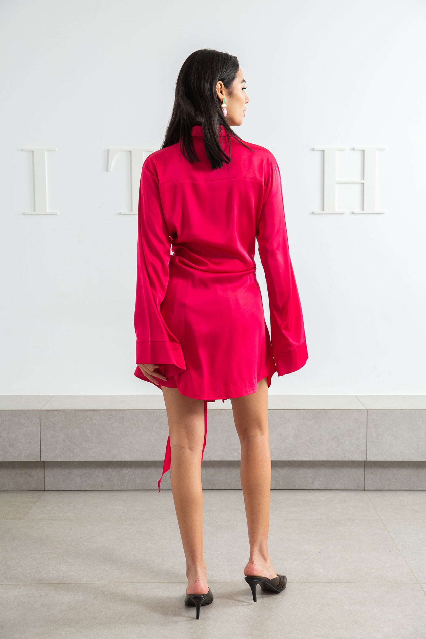 Belted Satin Dress - Fuchsia